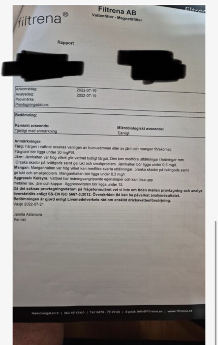 Rapport från Filtrena AB med analyser av vattenprover, kemiskt och mikrobiologiskt tjänligt, men med höga nivåer av järn och mangan enligt anmärkningar.