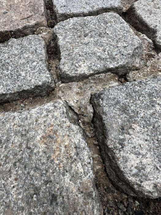 Närbild av ojämna gatstenar med djupa fogar, nyligen högtryckstvättade, redo för fogmassa med cement för bättre hållfasthet.
