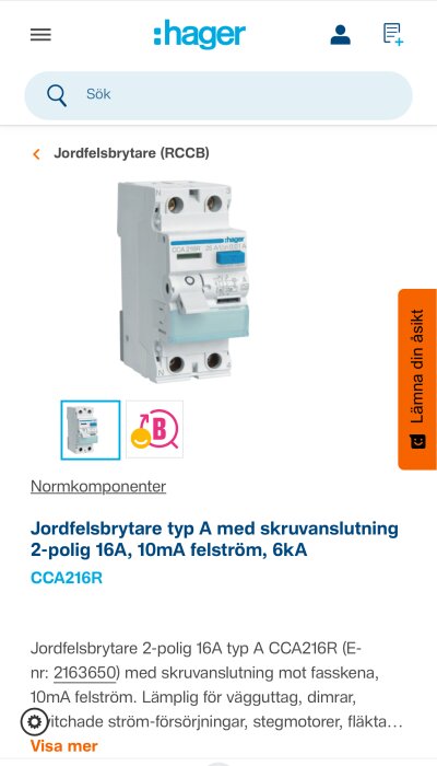 Jordfelsbrytare typ A från Hager, 2-polig, 16A, med skruvanslutning. Används för elinstallation i badrum, ansluts till belysning och apparater.