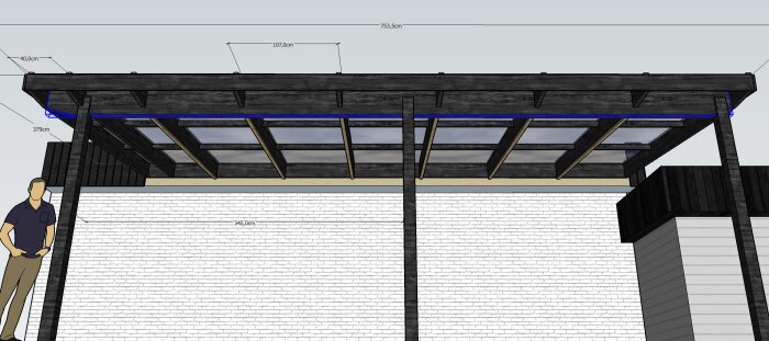 Skiss av altantak med limträbalkar och stolpar, visar konstruktionens mått och design i en byggnadsmiljö.