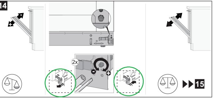 Instruktionsbild som visar hur man justerar dörrens motstånd på en ASKO diskmaskin med skruvar markerade i gröna ringar.