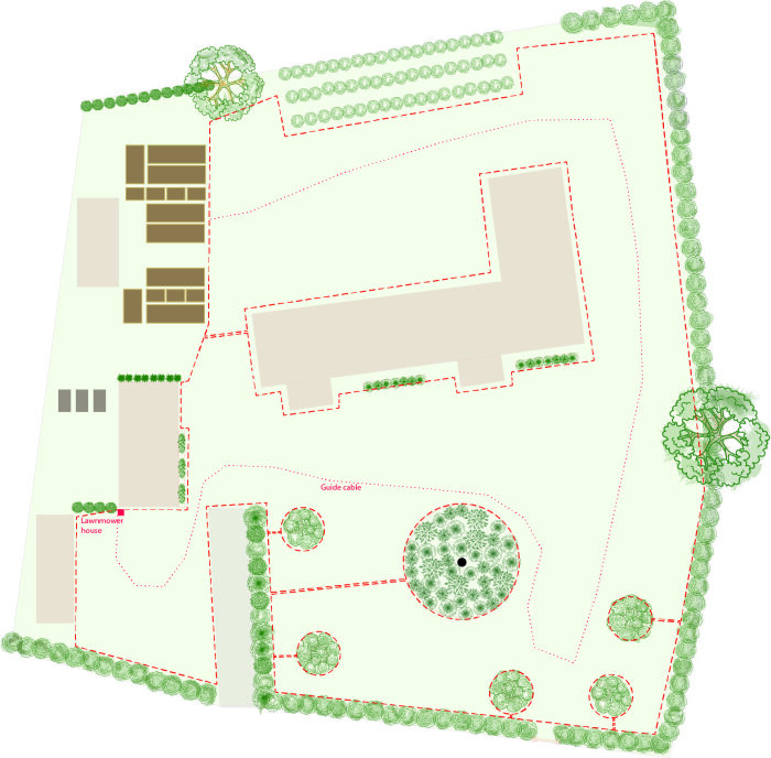 Skiss över trädgård med plan för placering av robotgräsklipparens laddare, inklusiv begränsnings- och styrkablar samt markering för LONA-gateway.