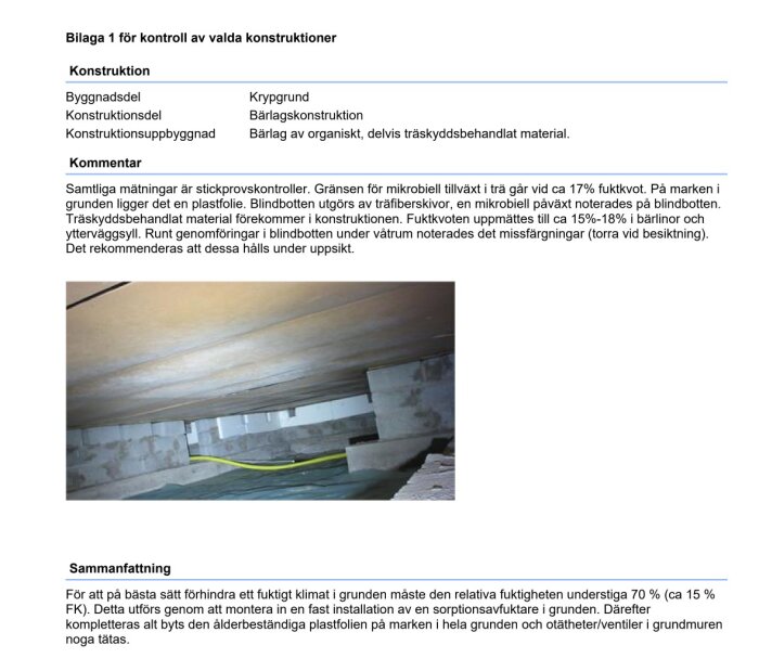 Bild av krypgrund med träfiberskivor och plastfolie samt en gul kabel synlig ovanför grunden, relaterad till fuktproblem och mikrobiell påväxt.