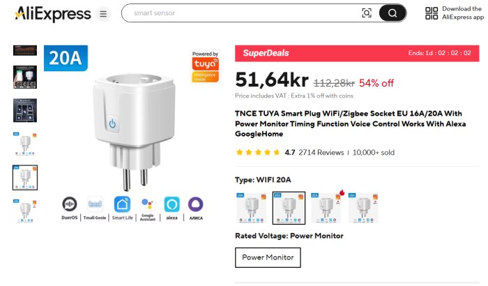 Smart plug med WiFi och Zigbee för EU, effektmätare med 20A kapacitet, kompatibel med Alexa och Google Home på AliExpress till 51,64 kr.