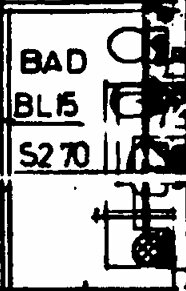 Planritning med märkningar "BAD", "BL5", och "S2 70". Indikerar ett badrumsområde med sanitetsporslin och rörinstallationer.