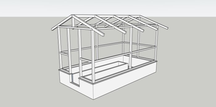 3D-ritning av pergola-liknande struktur med takstolar och vertikala reglar, tänkt för framtida växthusbygge.