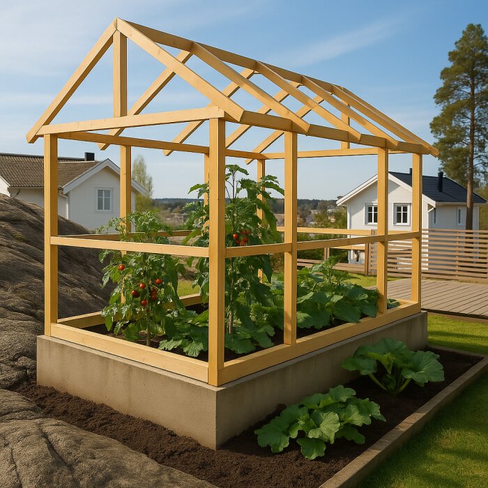 Pergola-liknande struktur av träreglar med odlingslåda fylld med växter, eventuellt för framtida växthusbygge, i en trädgårdsmiljö.