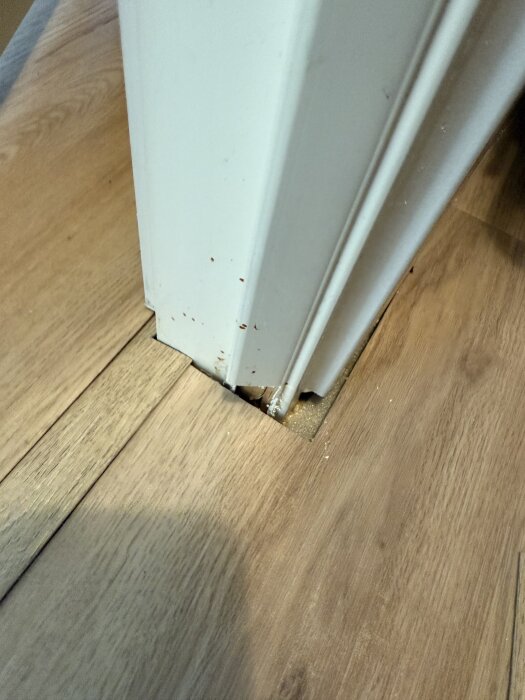 Dörrkarm med oregelbunden avslutning vid nylagt golv, med synligt gap och ojämn kant.