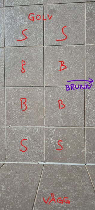 Kakelplattor på golv markerade med "B" och "S". Texten visar områden med bomljud och stumt ljud; brunnen ligger strax höger om plattorna.