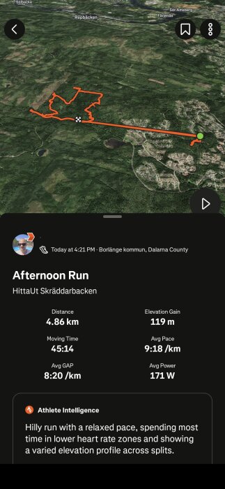 3D-löpmaratonkarta i Borlänge, visar en 4,86 km runda med start- och slutpunkter, inklusive distans, höjdförändring och löpstatistik.