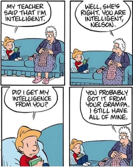 Tecknad serie av en pojke och en äldre kvinna på en soffa där pojken pratar om intelligens som han fått veta att han är, med humoristisk dialog.