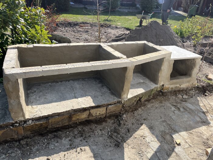 Halvfärdig trädgårdsstruktur byggd av betong och tegel, omgiven av grus och jord på en grönskande bakgård under renovering.