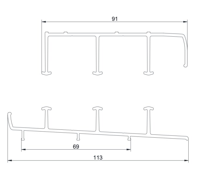 Skiss av beslag eller skena för 3-dörrsystem, mått 91 och 113 mm, används för installation av dörrpartier enligt specifikationerna.
