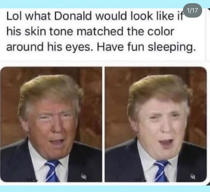 Två bilder av samma man med olika hudtoner, en mörk och en ljus, där texten ovanför kommenterar hudtonens förändring.