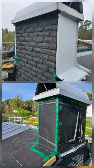 Murad skorsten täckt med takpapp och grönt tejp, redo för plåtinklädnad. Taket visar början på bandtäckning. Lummiga omgivningar i bakgrunden.