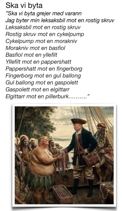 En historisk scen där män i traditionella kläder byter varor, med pärlor och en korg i en naturmiljö nära vatten och ett skepp.