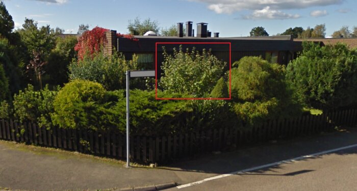 Framsidan av ett hus med grönska och ett inringat träd, tagen från Google Maps, med trottoar och staket i förgrunden.