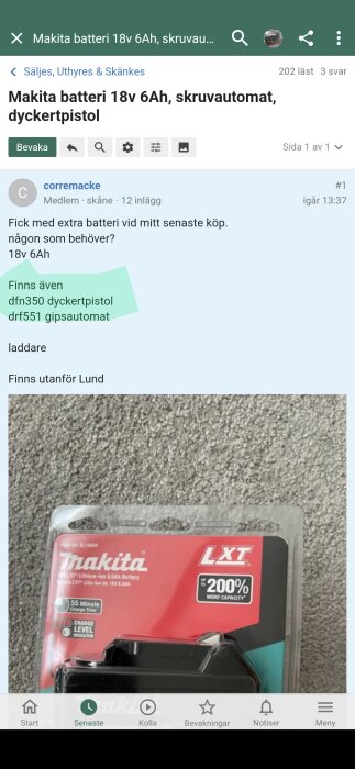 Makita LXT 18V 6.0Ah batteri i förpackning, med text om 200% extra kapacitet, liggande på grå matta.