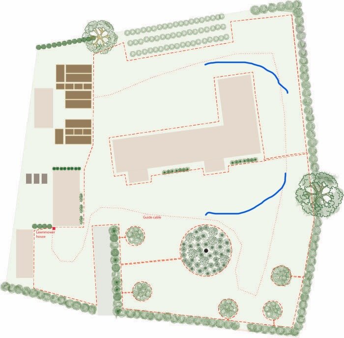 Trädgårdsritning med gångvägar, rabatter och träd. En sväng uppe till höger och en dipp nere till höger markeras.