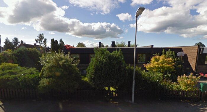 Trädgård med olika buskar och träd, inklusive en lampa och ett tegelhus i bakgrunden under en molnig himmel.