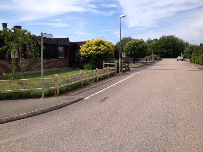 Gata med villor och ett nybytt trästaket bredvid en grön gräsmatta med blommor, mot en bakgrund av blå himmel och träd.