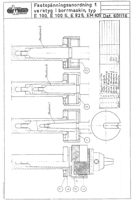 Ritning av fastspänningsanordningar för verktyg i borrmaskin med olika monteringsvarianter, inklusive konor och chuck.