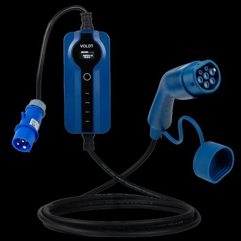 Laddkabel för elbil med justerbart blått CEE-uttag, typ 2, visas mot en svart bakgrund.