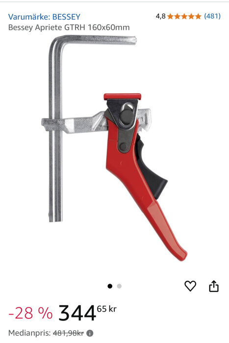 Bessey skruvtving GTRH 160x60mm med rött handtag, erbjudandepris 344,65 kr, -28% rabatt, maxkapacitet 160x60mm.