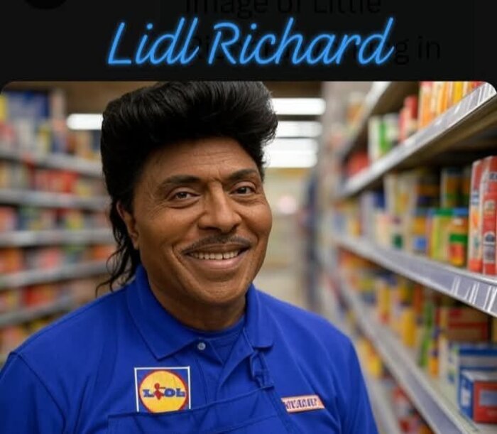 Person med mörkt hår och blå Lidl-uniform står i en butiksgång fylld med varor på hyllorna.