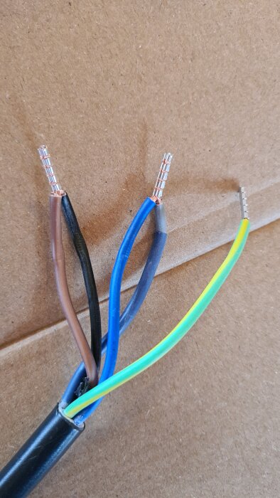 Elektriska kablar av olika färger, inkl. brun, svart, blå, grå och gulgrön, avslutade med hylsor, mot en brun bakgrund.