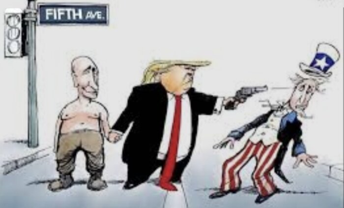 En satirisk teckning på en man med kavaj och slips på Fifth Avenue, med pistol riktad mot en långsmal gestalning i randiga byxor.