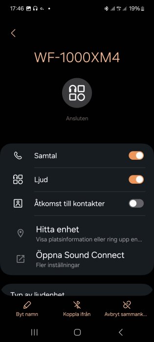 Skärmbild av inställningar för WF-1000XM4-headset på en telefon, där man kan välja anslutningar för samtal och ljud.