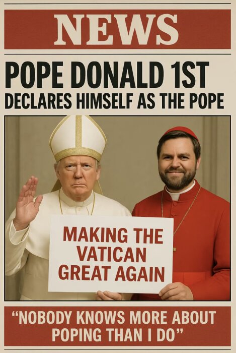 En man i påvekläder med en annan man i röd prästklädnad håller en skylt med texten "Making the Vatican Great Again.