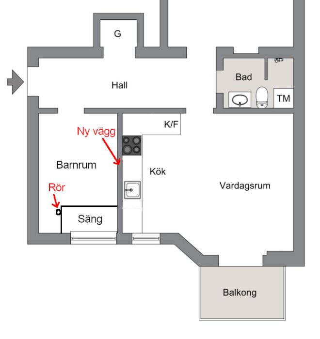 Planritning av lägenhet som visar placering av ny vägg mellan barnrum och kök/vardagsrum. Text markerar "Ny vägg" i rött.