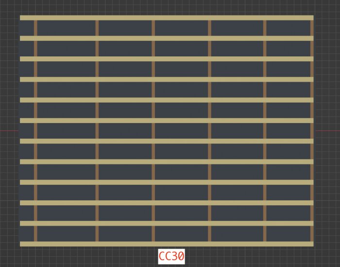 Kuva havainnollistaa kipsilevykaton asennuskaaviota käyttäen glespanelia CC30-asetuksella, jossa glespanelit ovat beigejä ja kattopalkeet ruskeita.