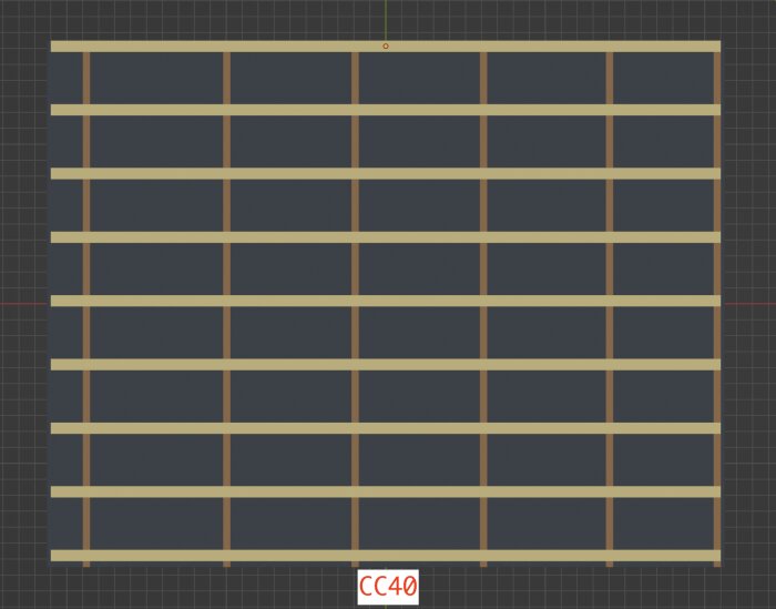 Ritakuva, jossa on puisia palkkeja muodostamassa ristikon, rakenne on merkitty CC40:llä, visuaalinen suunnitelma gipstakin asennusta varten.