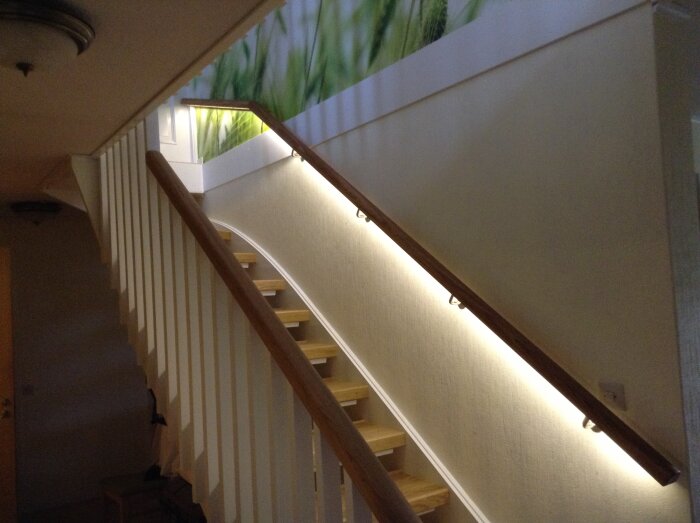 Renoverad trappa med vita vagnstycken, eksteg, och inbyggd LED-belysning under väggmonterad ledstång i ek.