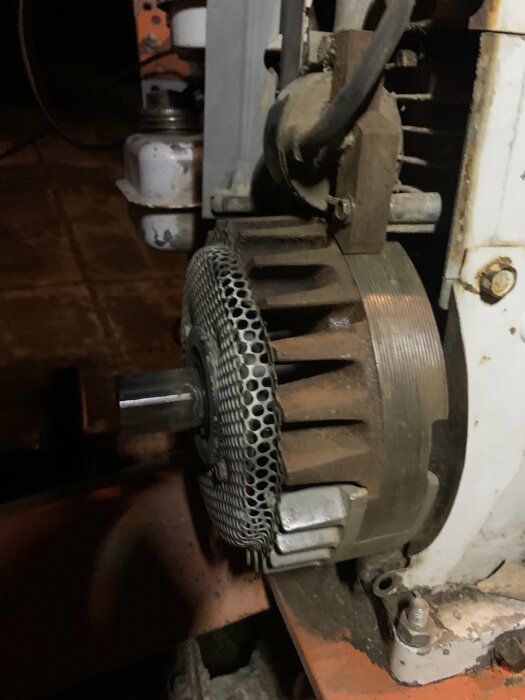 Briggs & Stratton motor på jordfräs, visar svänghjul och tändspole. Motor är dammig och delvis rostig efter att ha stått oanvänd i flera år.
