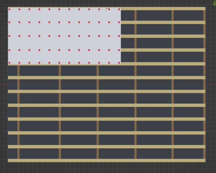 Kuva seinärungosta, johon on merkitty kipsilevyn kiinnityskohdat punaisilla pisteillä, osoittaen kiinnitystavat eri etäisyyksillä.
