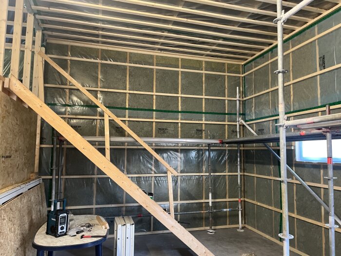 Rum under renovering med isolerade väggar, plast, och träreglar. Byggställning och bord med verktyg syns i rummet.