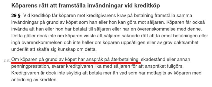 Skärmdump av konsumentkreditlagen, paragraf 29, om köparens rätt att framställa invändningar vid kreditköp, med markerad text om återbetalning.