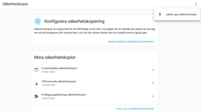 Konfigurationsgränssnitt för säkerhetskopiering med alternativ för att ladda upp och visa befintliga säkerhetskopior.