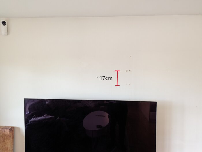 Vägg med borrade hål markerade i rött för TV-montering, avstånd angivet som cirka 17 cm; TV synlig nedanför hålen.