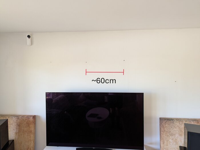 Vägg med monteringsmarkeringar för TV-fäste, cirka 60 cm mellan märkena, med TV placerad nedanför och en kamera monterad i övre vänstra hörnet.