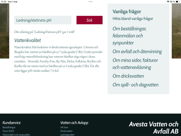 Skärmdump av informationssida om ledningsvattnets pH och vattenkvalitet i Avesta.