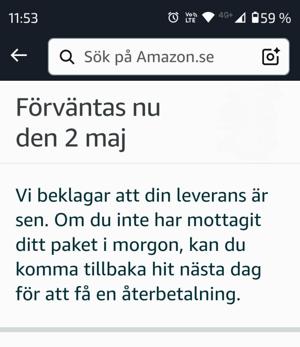 Skärmdump från en app som visar information om en försenad leverans från Amazon, förväntad den 2 maj.