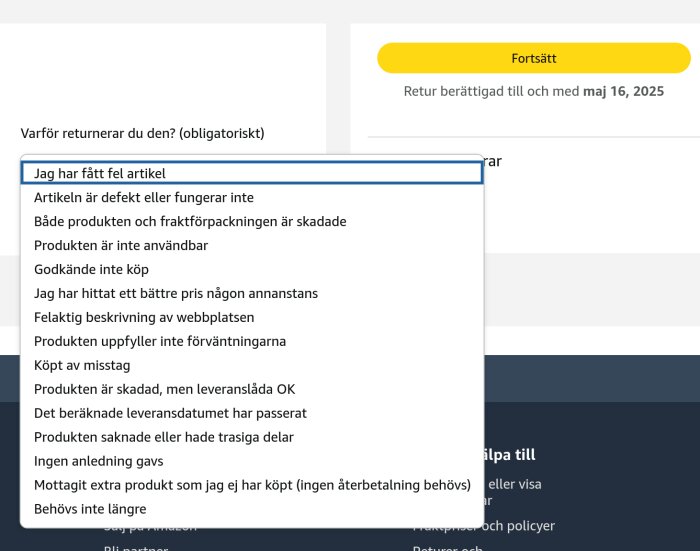 Återlämningssida med en lista över returneringsorsaker, som exempelvis "Jag har fått fel artikel" och "Artikeln är defekt eller fungerar inte".