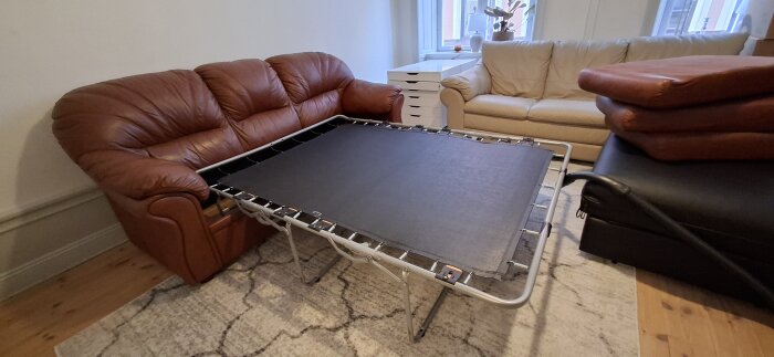 Bäddsoffa i brunt läder med utdragen sänginsats, utan madrass, i ett vardagsrum med ljusa väggar och matta.