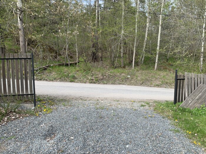 Grusgång med öppet trästaket på sidorna framför en skogsväg, staketsektioner sönder och oanslutna på höger sida.