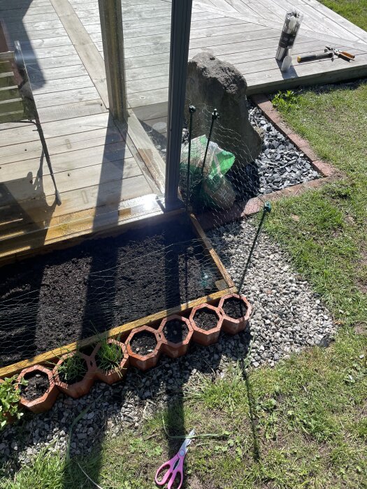 Planteringslåda med grönsaker, kaninstaket intill och rosa sax på gräset. Verktyg ligger på trädäck i bakgrunden.